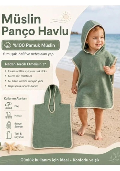Ayrex %100 Pamuk Bebek Çocuk Müslin Panço Kapüşonlu Plaj Deniz Havuz Havlusu Renk Seçenekli 0 - 1 Yaş