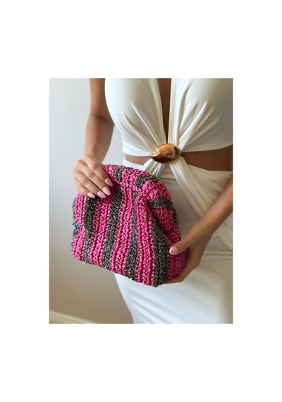 Genel Markalar El Örgüsü Fuşya Sim Detaylı Clutch Abiye El Çantası El Yapımı Kadın Portföy Çanta Pembe Pembe