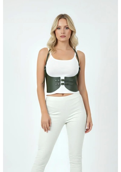 Najmaddin.com Beru Haki Renk Kalın Kadın Kemeri, Deri Kemer Harness - Brf605