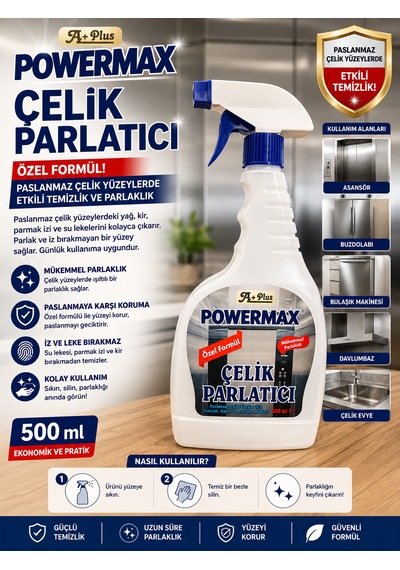 Powermax A Plus Çelik Parlatıcı 500 Ml X3 Set Paslanmaz Çelik Yüzey Temizleyici