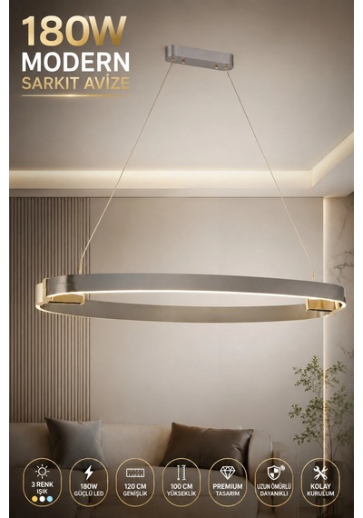 Modern Premium 180 Cm 3 Renkli Ledli Sarkıt Avizesi Platin Salon Mutfak Oturma Odası Modelleri 180w Beyaz