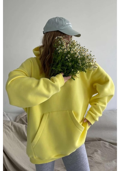 Madmext Sarı Kapüşonlu Şardonlu Oversize Sweatshirt Mg1566 Sarı