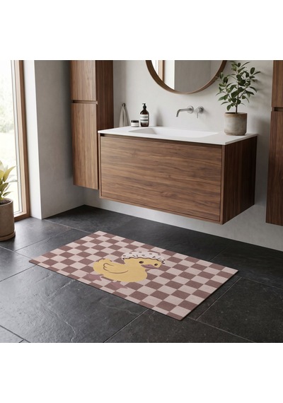 Kartela Halı Pastel Dama Ördekli Banyo Paspası Gül Kurusu Kaymaz Taban Makinede Yıkanabilir 60x90 Cm