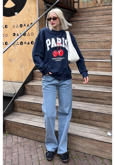 Lacivert Bisiklet Yaka Basic Sweatshirt Mg2233
