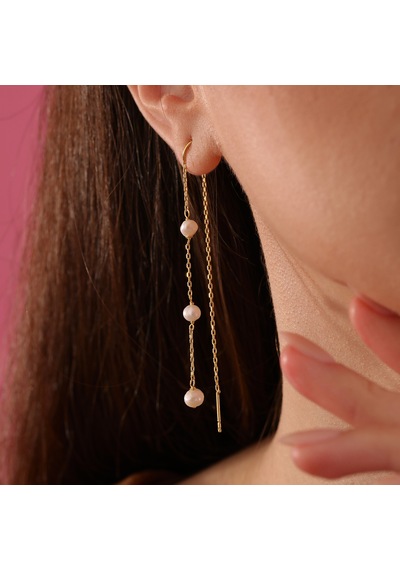 Queen Silver Jewelry 925 Ayar Gümüş. İnci Örme Sallantılı Japon Küpe Altın