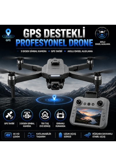 Gps Destekli Profesyonel Drone 4k Kamera, 3 Eksen Gimbal, Engelden Kaçınma Sensörü, Ekranlı Kumanda, Tek Tuş Eve Dönüş