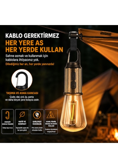 Şarj Edilebilir Led Kamp Lambası 3 Kademeli Sıcak Işık Asma Kancalı Taşınabilir Çadır Ve Acil Durum Lambası