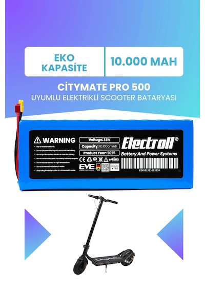 Citymate Pro 500 Uyumlu Batarya Eko Kapasite Batarya 36v 10ah Elektrikli Scooter Bataryası Çok Renkli