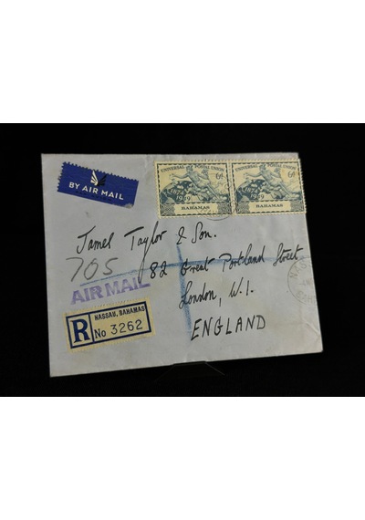 Uçak Postası Air Mail 1949 Yılından Bahama'lardan İngiltereye Postalanmış 2x 6d Pullu Taahhütlü Zarf