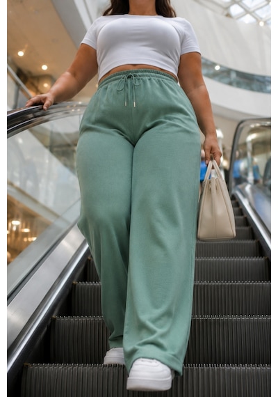 Cedy Denim Büyük Beden Palazzo Pantolon Sentetik Kumaş Geniş Paça C654 Yeşil
