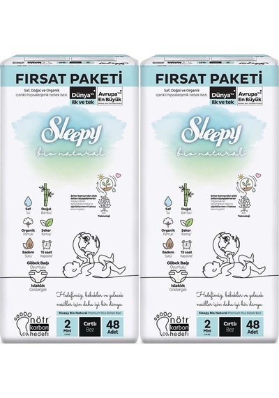 Sleepy Bebek Bezi Bio Natural Beden:2 3-6kg Mini 96 Adet 2 Numara 2'li