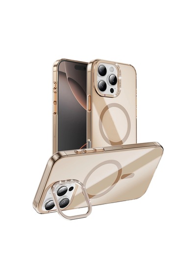 Apple Uyumlu iPhone 16 Pro Max Kılıf M-safe Şarj Özellikli Kamera Standlı Zore Estop Kapak Gold