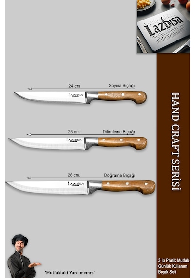 Lazbisa Mtf-003 Hand Craft Mutfak Bıçak Seti Et Ekmek Sebze Meyve Bıçağı 3 Lü Set Günlük Kullanım