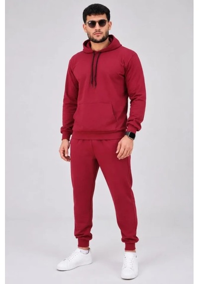 Erkek İki İplik Kapüşonlu Kanguru Cepli Sweatshirt Jogger Pantolon Alt Üst Eşofman Takımı -bordo