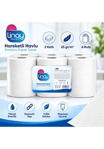 Linay Fotoselli Kağıt Havlu 6 Rulo 4 Kg, 2 Katlı, 21 Cm X 67 M, %100 Selüloz, Dispenser Uyumlu