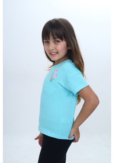 Toontoy Kids Toontoy Kız Çocuk Kalp Cepli Çiçek Baskılı Tişört Pudra