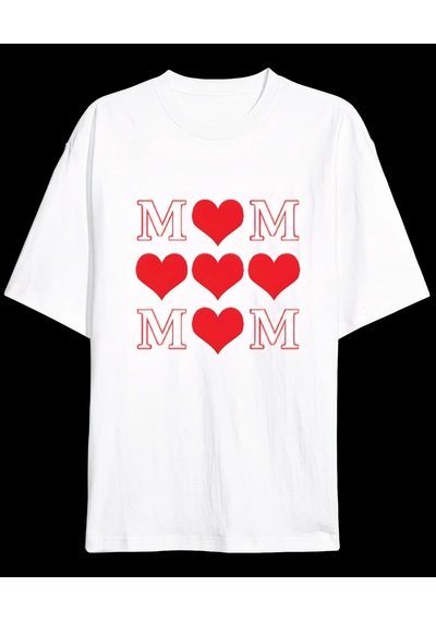 Novalisse Anneler Günü Hediye Mom Kalp Baskılı Oversize Bisiklet Yaka T-shirt - Beyaz Çoklu Renk