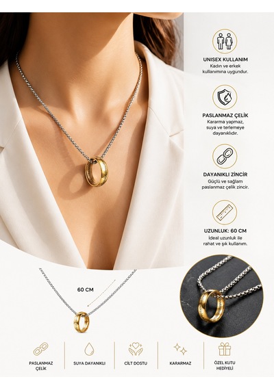Lord Of The Rings Sırlar Yüzüğü Gold Kolye Güç Yüzüğü Temalı Paslanmaz Çelik Zincirli Unisex Kolye Altın - Gümüş