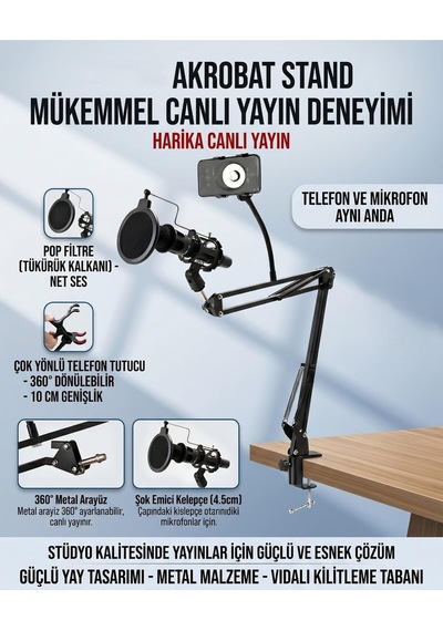 Profesyonel Masa Tipi Akrobat Mikrofon Standı Seti, Pop Filtre, Telefon Tutucu, 360 Ayarlanabilir