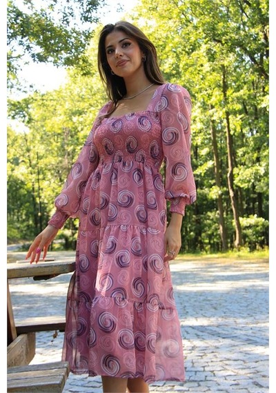 Neşeli Butik Kadın Pudra Gipeli Kare Yaka Desenli Şifon Elbise Nb100361 Pudra
