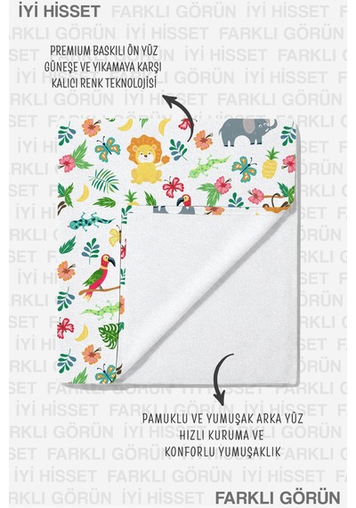 Safari Orman Hayvanlı Çocuk Plaj Havlusu - Tropikal Renkli Eğlenceli Hızlı Kuruyan Mikrofiber Havlu Kuru Dalgası