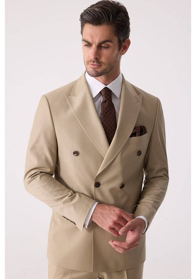 Erkek Bej Slim Fit Yün Kruvaze Takım Elbise