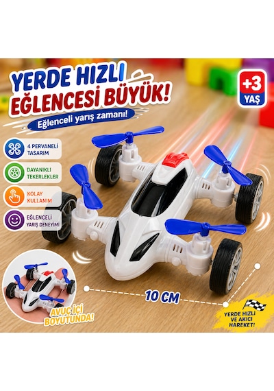 Mini Drone Tasarımlı Oyuncak Araba 10x10 Cm, 4 Pervaneli Eğlenceli Araç 3+ Yaş Beyaz
