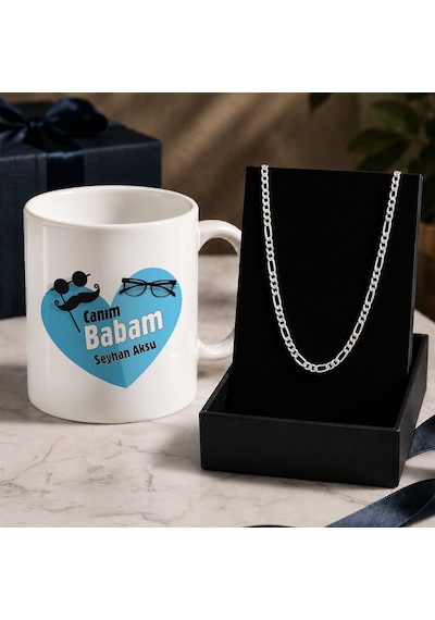 Bk Gift Kişiye Özel Babalar Günü Tasarımlı Beyaz Kupa & Figaro Zincir Kolye -8, Babalar Günü Hediyesi Gümüş