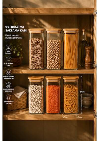 Porsima 7-3 Bambu Vakumlu Kapaklı Kare Borsilikat Cam 6lı Kavanoz Seti Saklama Kabı 1900ml 9,5x27cm Ahşap - Şeffaf