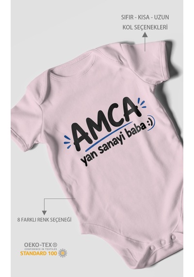 Morivokids Amca Ve Yan Sanayi Babaya Özel Kısa Kollu Bebek Body %100 Pamuk Bebe Pembe