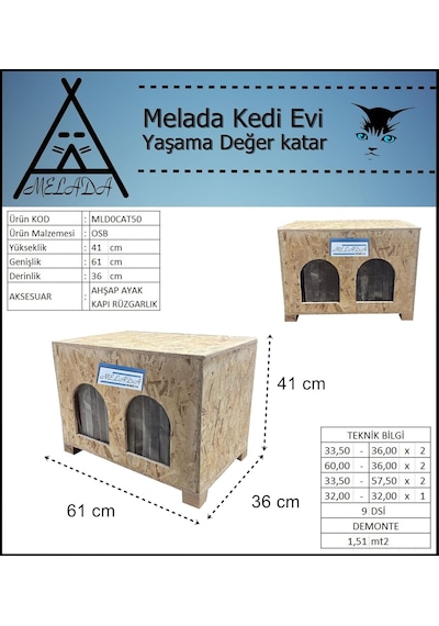 Kedi Evi Dış Ortam Uygun Ahşap Kedi Evi Double Osb 61x41x36 Cm Demonte