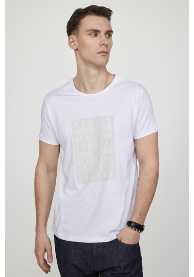 Tudors Erkek Slim Fit Dar Kesim Yumuşak Dokulu Baskılı Beyaz Bisiklet Yaka Tişört-27155-Beyaz