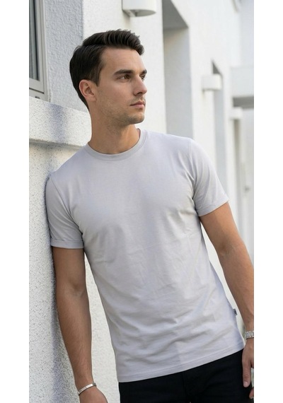 Plus Scorpion T02 Kol Katlama Erkek Slim Fit Basic Tişört Bisiklet Yaka, Düz Kumaş, Yazlık Model Gri