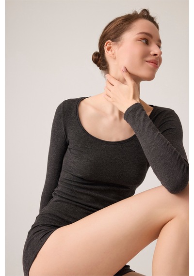 Los Ojos X Ece Antrasit Modal Kumaşlı Uzun Kollu Şortlu Pijama Takımı Ribbed Pj Antrasit Antrasit
