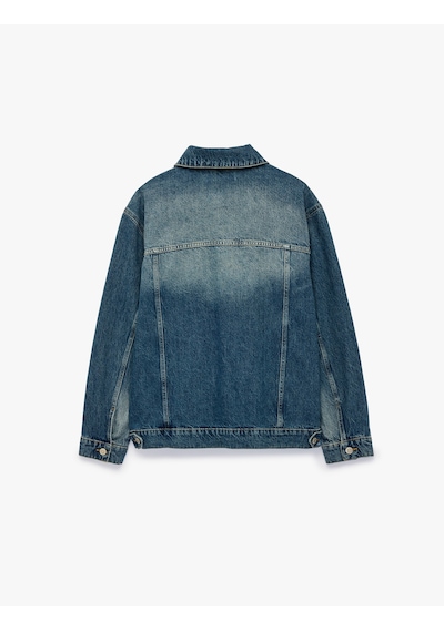 Koton Pamuklu Uzun Kollu Düğmeli Kapaklı Cepli Gömlek Yaka Oversize Jean Ceket Orta İndigo 7wam50045nd