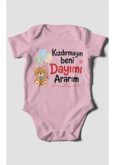 Morivokids Kızdırmayın Beni Dayımı Ararım Kısa Kollu Bebek Body %100 Pamuk Koyu Pembe