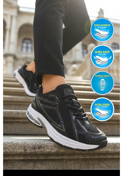 Walkway Siyah Beyaz Fileli Hafif Hava Alabilen Erkek Spor Ayakkabı 1505 Ruth M Siyah - Beyaz
