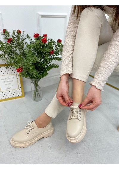 Erva'nın Butiği Bej Cilt College Kadın Bağcıklı Loafer-4094