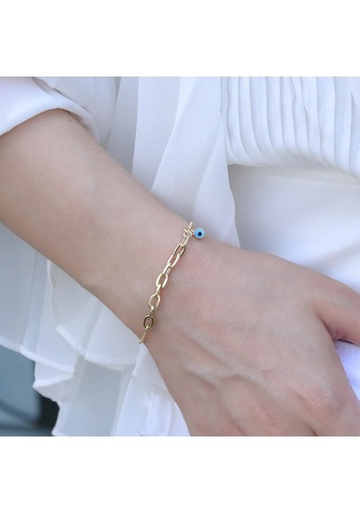 Mini Geçme Halkalı Nazar Boncuklu Gold Kaplama Gümüş Hallow Bileklik Gümüş
