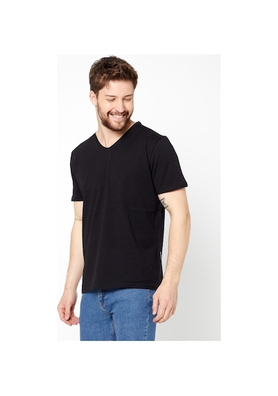 Comeor Erkek Siyah Slim Fit Pamuklu Kısa Kollu V Yaka T-Shirt Siyah