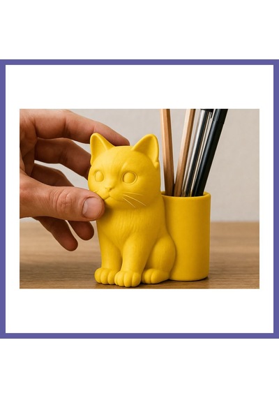 Bezos 3d Baskı Kedi Figürlü Kalemlik - Masaüstü Organizer - Sarı Nıda