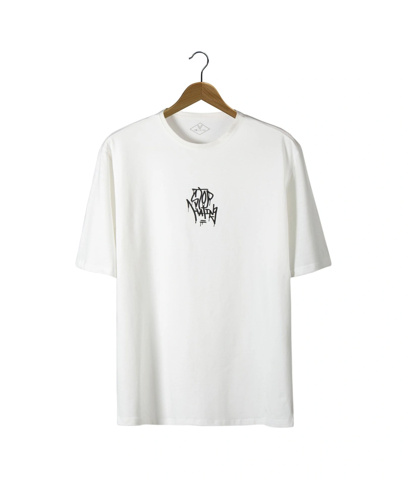 Veaven Unisex Beyaz Bisiklet Yaka Önü Arkası Stop Hating Baskılı Oversize T-shirt Beyaz1