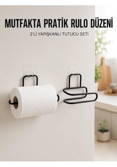 2 Li Siyah Metal Rulo Kağıt Tutucu Yapışkanlı Banyo Ve Mutfak Kağıtlık Çok Renkli