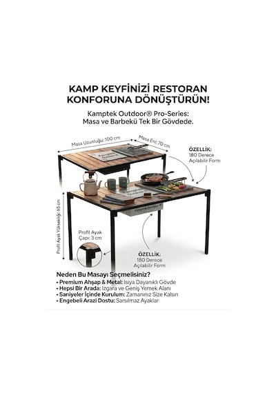 Taşınabilir Kamp Masası - Katlanır Ahşap Piknik Masası, Çıkarılabilir Mangal Izgara Kamp Ve Piknik Siyah
