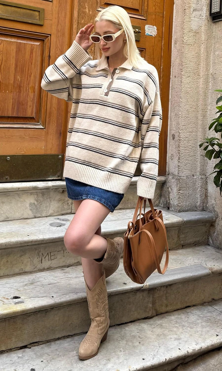 Madmext Ekru Çizgili Düğmeli Polo Yaka Kazak Mg2357 Ekru