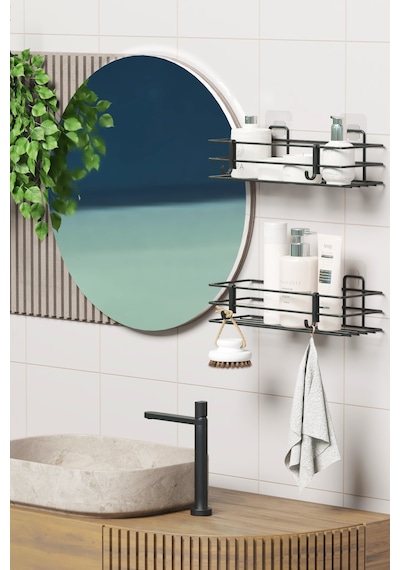 Yapışkanlı 2 Li Set Banyo Rafı Duş Şampuanlık Duvar Düzenleyici Organizer Siyah