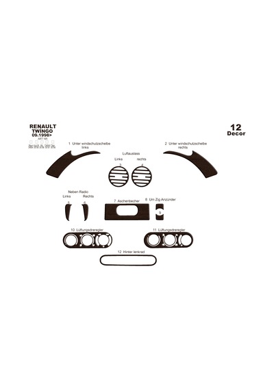 Renault Twingo Torpido Kaplama 1998-2004 12 Parça Koyu Meşe