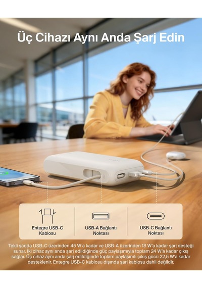 Ultracharge 20000 Mah Usb-c Kablolu Ve Ekranlı Power Bank, Kum Rengi