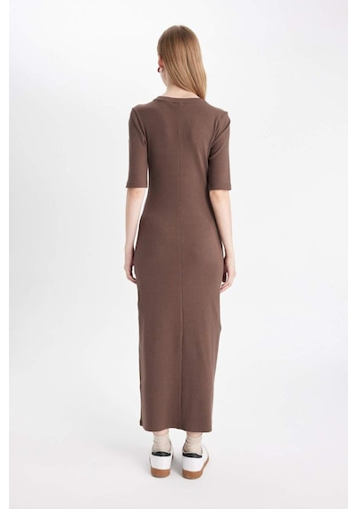 Defacto Bodycon Vücuda Oturan Bisiklet Yaka Basic Düz Fitilli Kaşkorse Kısa Kollu Maxi Elbise D8623AX24AUBN540