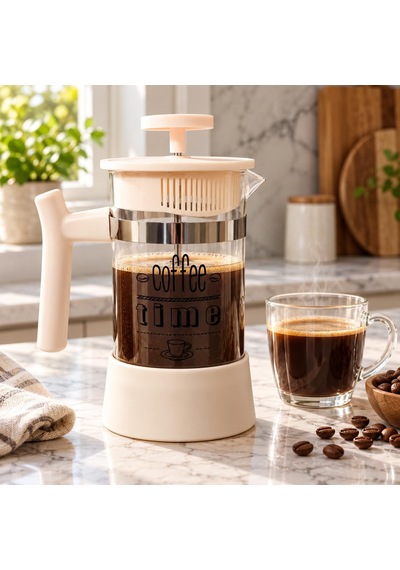 Cam French Press Kahve Ve Bitki Çayı Demliği, Pistonlu Metal Filtreli, Kulplu Coffee Time Baskılı Kahve Presi 350 M Diğer
